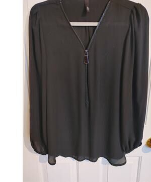 Elon Blouse Top Puff Sleeve Zipper Details Black Semi Sheer Medium